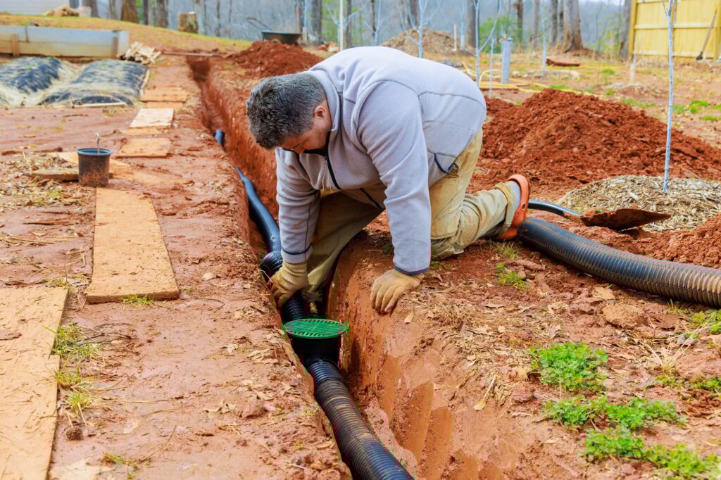 Instalación de tubería de drenaje de drenaje pluvial en zanja de drenaje para drenar el agua de lluvia